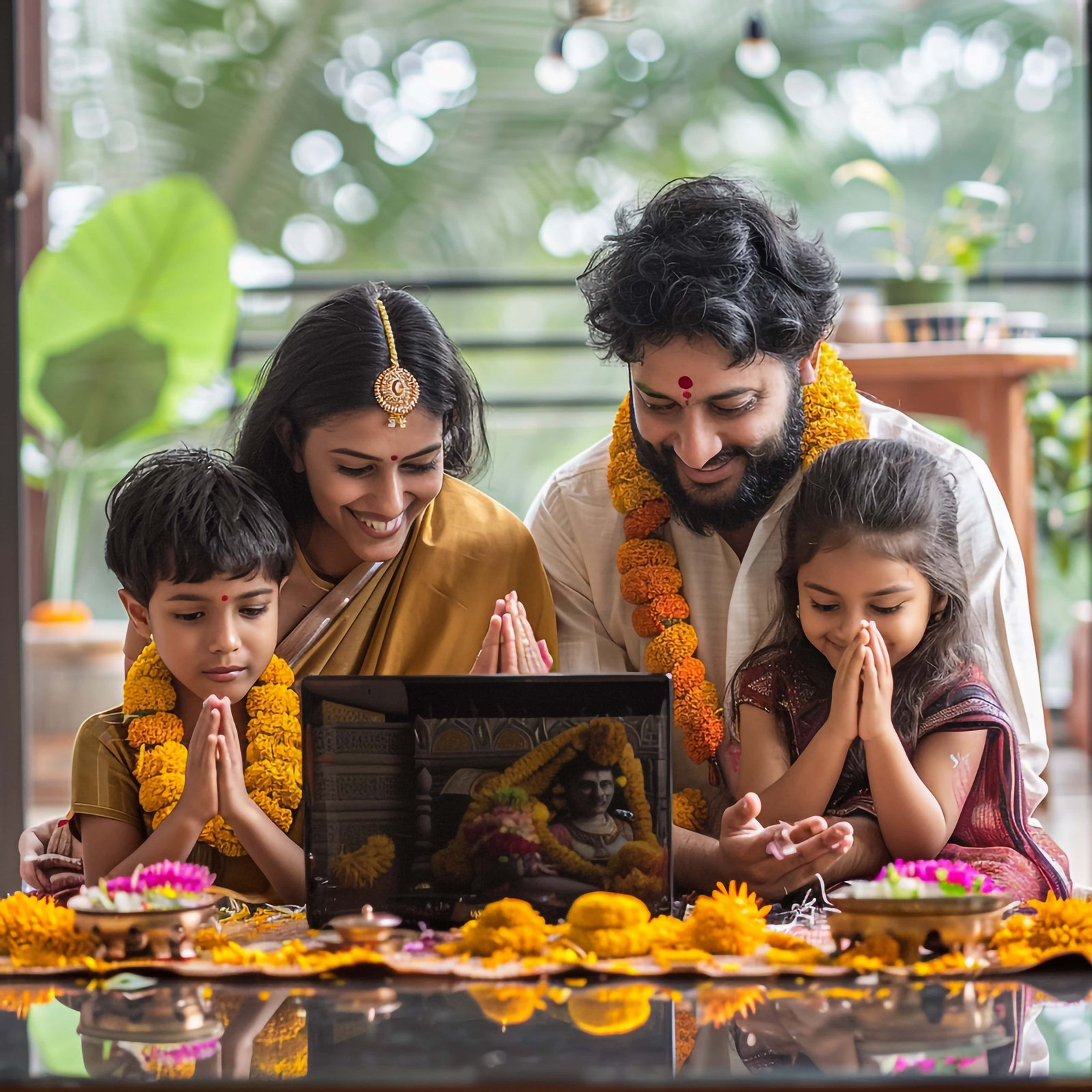 Family doing Online Puja